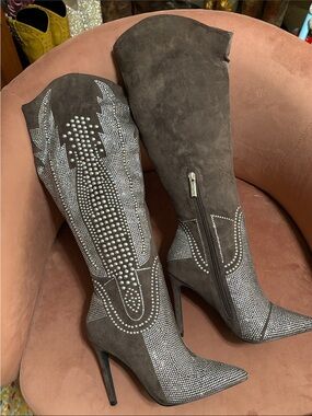 Studded Suede Over-the-Knee Stiletto Boots in Dark Brown